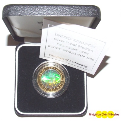 1999 Silver Proof PIEDFORT £2 (Hologram) - Rugby World Cup - Click Image to Close